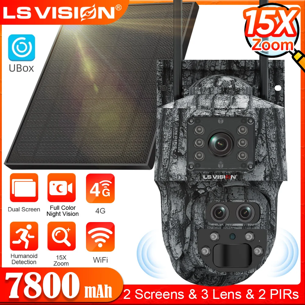 

LS VISION 12MPSolar Camera 4G/WiFi Outdoor Hunting Cameras 15X Zoom Dual Screens PIR Human Detection Auto Tracking CCTV Ubox APP