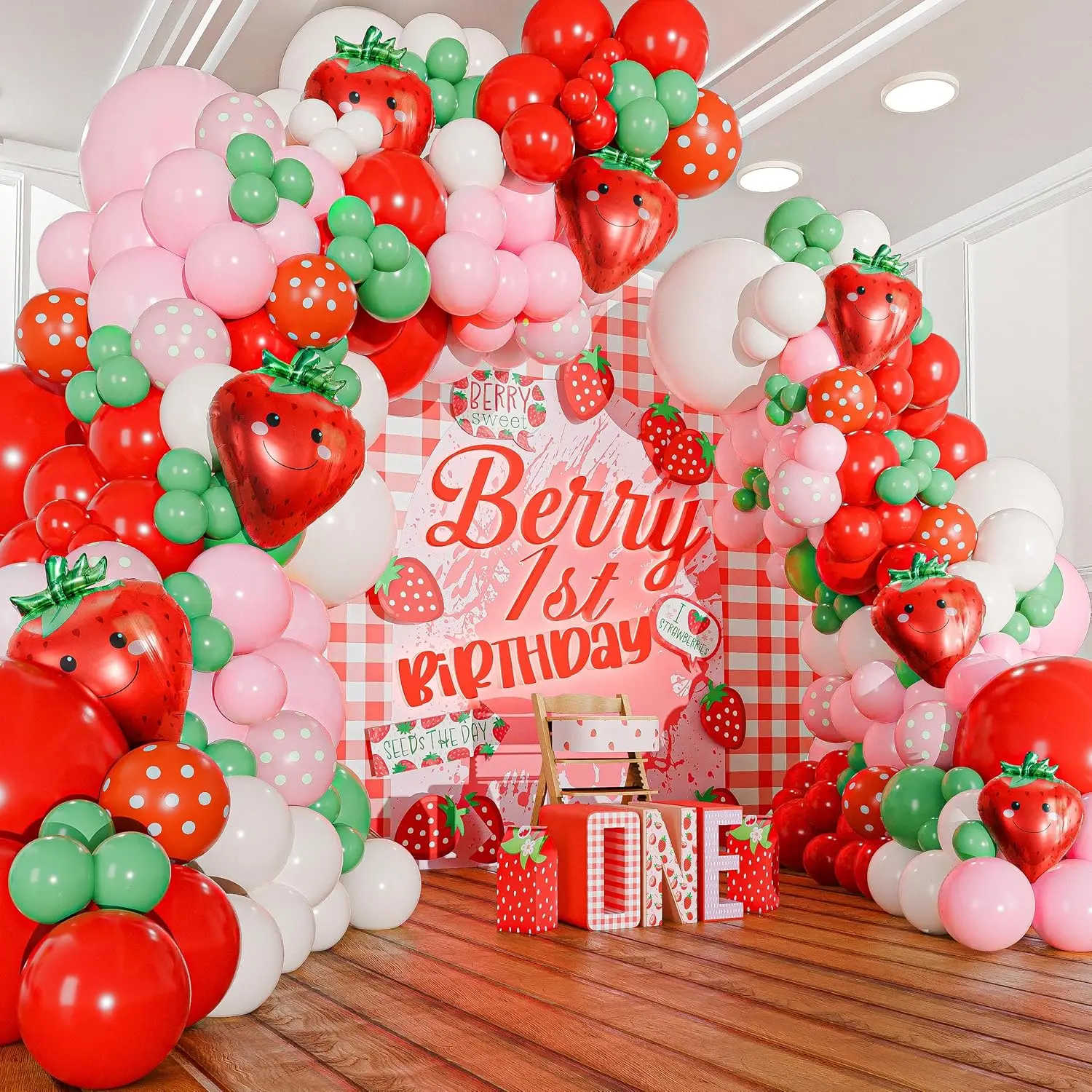 Strawberry Balloon Arch Kit and Garland Comes with Strawberry – Small and Large Red Pink Green Strawberry Balloon – Strawberry Cake Party Decoration