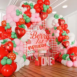 Strawberry Balloon Arch Kit and Garland Comes with Strawberry – Small and Large Red Pink Green Strawberry Balloon – Strawberry Cake Party Decoration Supplies Suitable for Birthday Party Party Berry Strawberry Theme