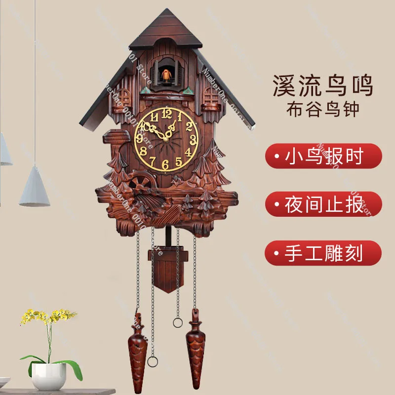 Creative Solid Wood Hand Carved Cuckoo Wall Clock Kids Musical Hourly Chime Pendulum Hanging Timepiece Artistic Home Decor