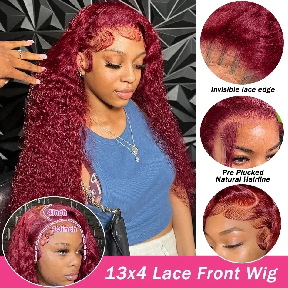 180 Density Burgundy Water Curly 13x4 Lace Front Human Hair 99J Red Transparent Deep Wave 13x6 Lace Frontal Wig For Black Women