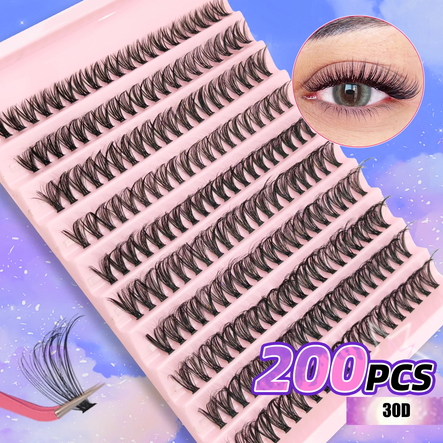 200PCS D Curl Eyelash Cluster Set with 30D40D80D and 80D Spiky Style Natural Wispy Volume Lashes