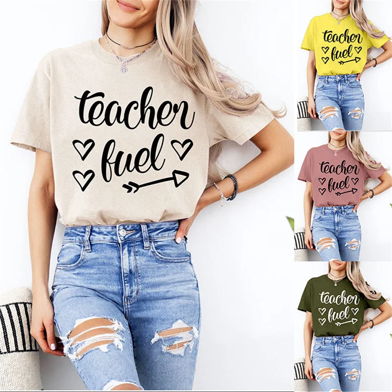 

New summer fashion cotton women's teacher fuel love letter printed Teacher's Day print vintage round neck short-sleeved T-shirt