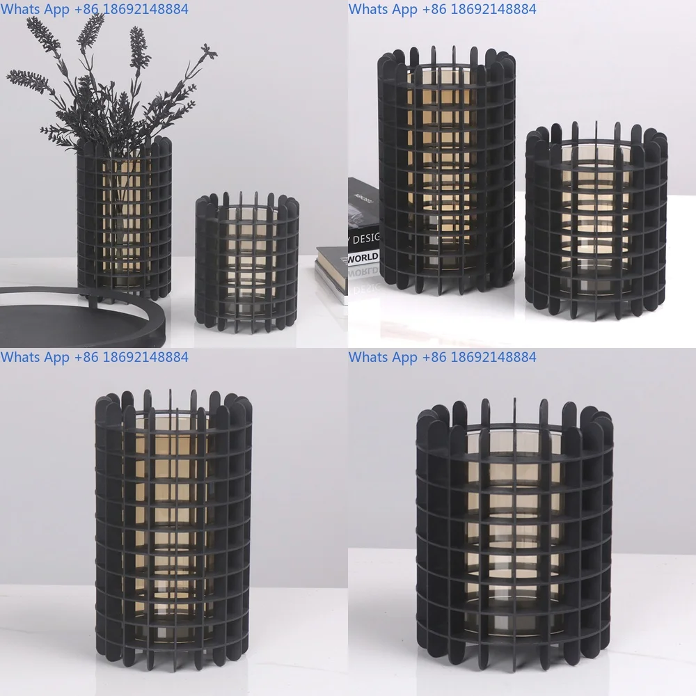 

Creative Luxury Grid Pattern Cylinder Vase Metal Flower Arrangement Modern Minimalist Decor for TV Cabinet