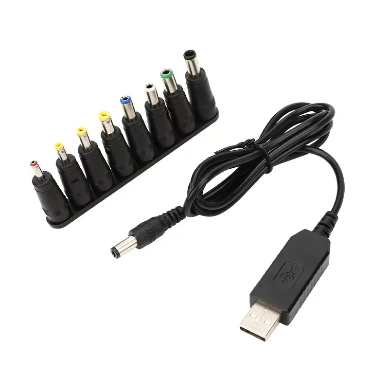 5V Universal USB To DC 5.5*2.1mm Power Cable with 8 Interchangeable Connectors for CCTV Camera TV Box Router Speaker