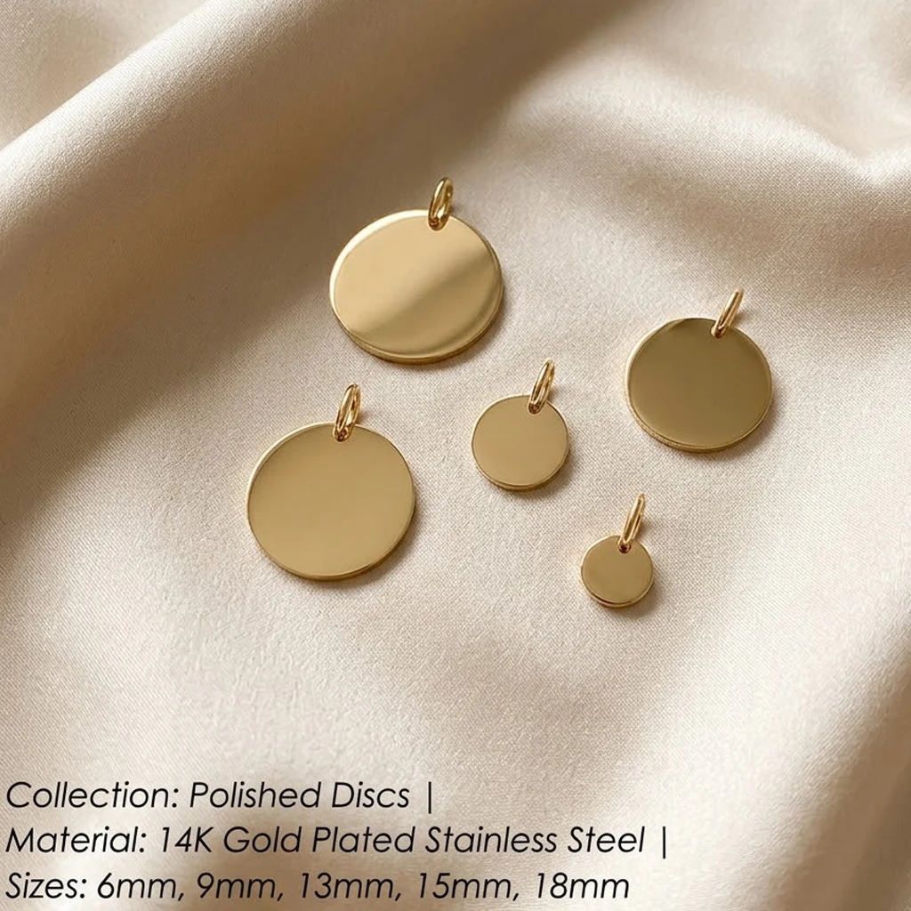 14K Gold Plated Stainless Steel Round Disc Pendant 6mm 9mm 13mm 15mm 18mm Mix Sizes Blank Coin Tag Charm For Necklace Engraving