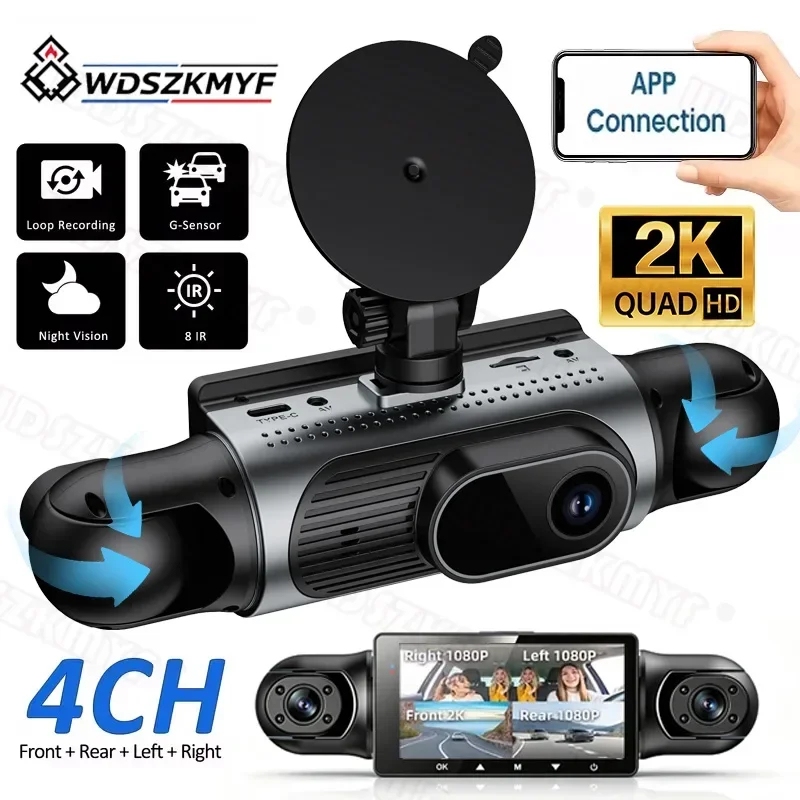 2K 4CH Dash Cam with APP Night Vision Motion Detection 24/7 Parking Monitor G-Sensor Loop Recording Blackbox Car DVR For Toyota