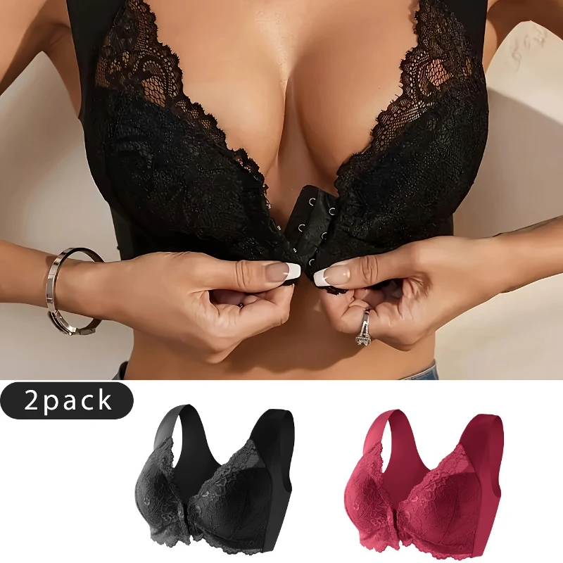 2 Pcs Womens No Steel Ring Front Close Bra Lingerie T Back Seamless Unlined Bra For Large Bust Low Sports Bra Lace Plus Size Bra