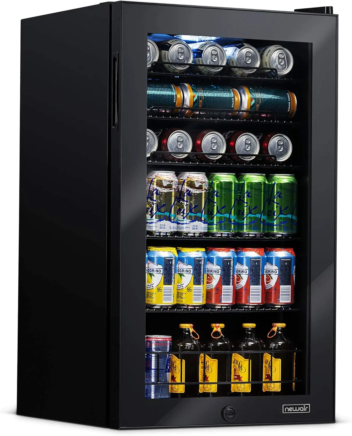 Refrigerador de bebidas de 126 latas, refrigerador negro independiente con refrigerador de puerta de vidrio con bisagra derecha