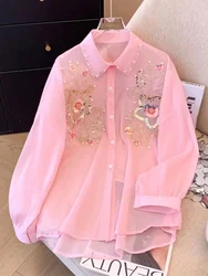 Beaded Collar Flowers Embroidery Long-Sleeved Single-Breasted Top for Women 2024 Summer Thin Sunscreen Shirts Blouses