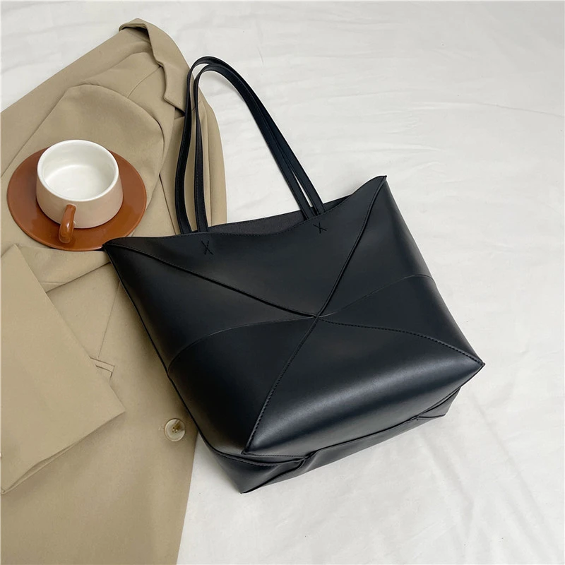 Große Kapazität Tasche Für Frauen Pu Leder Handtasche Designer Eimer Schulter Tasche Weibliche Top Griff Tote Einfache Reisetasche Schwarz – Detail 7