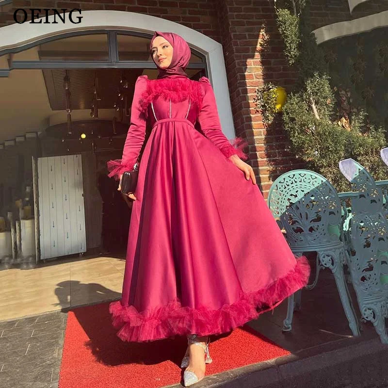 OEING Muslim Arabic Women Evening Dresses Modest Vintage Fuchsia Lace Silk High Neck Long Sleeves Formal Prom Gowns Mecca