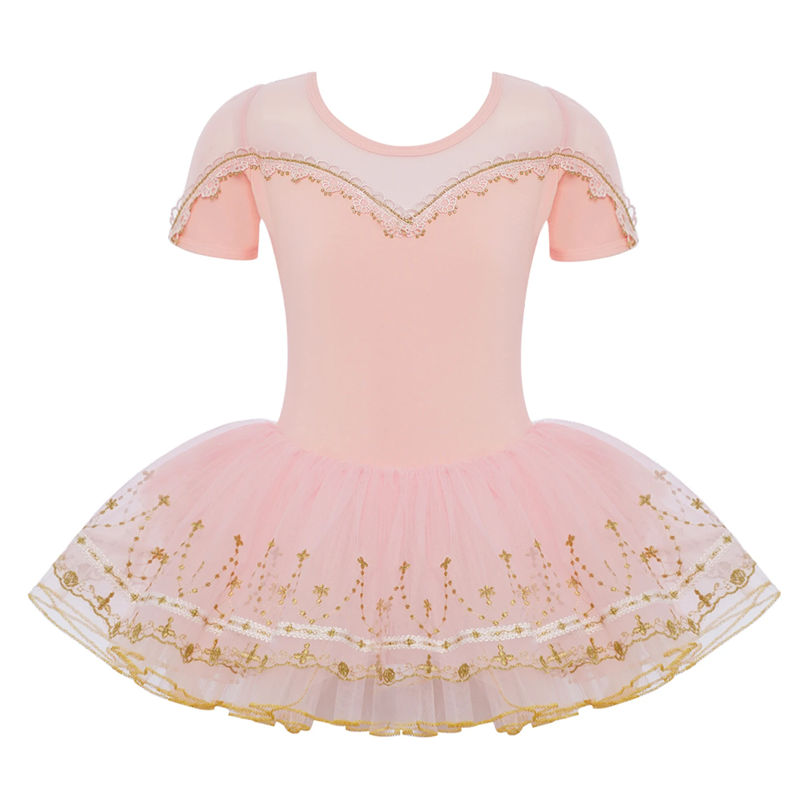 

Kids Girls Ballet Tutu Dress Short Sleeve Sheer Mesh Patchwork Lace Trim Embroidery Hem Dance Dress Stage Performance Costume