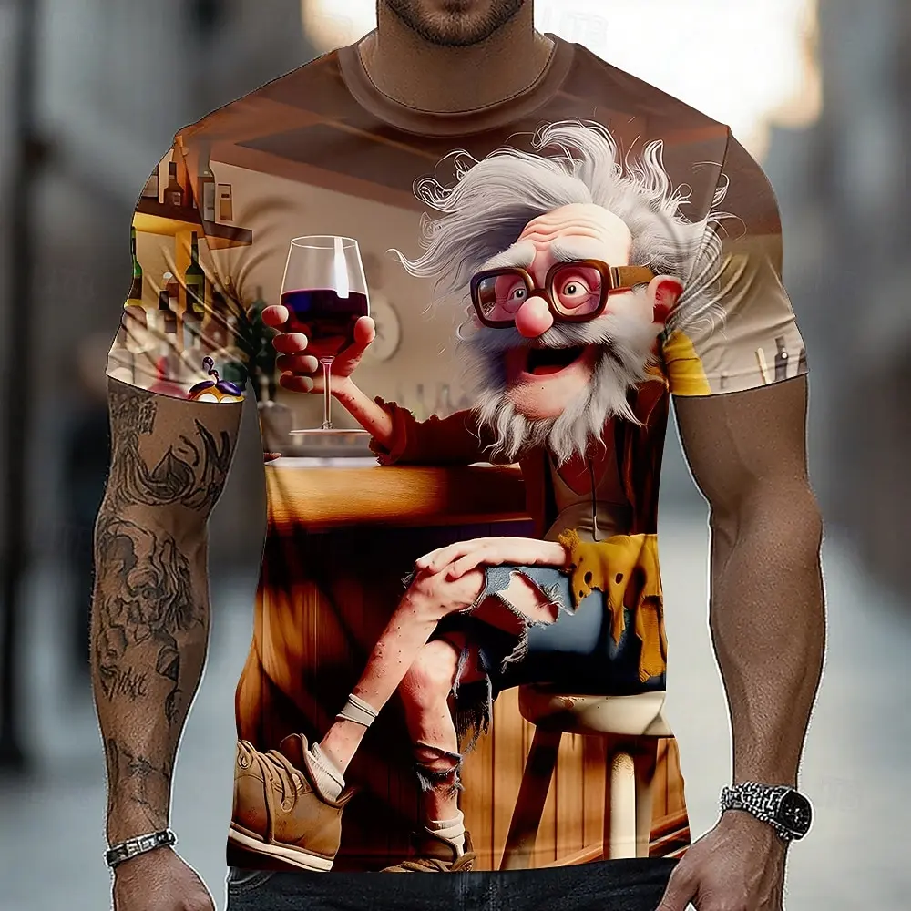 Men's Funny Cartoon Crazy Old Man Holding Red Wine Glass Bar Novelty T-shirt 3D Print Short Sleeve t shirts Tops Summer Clothing