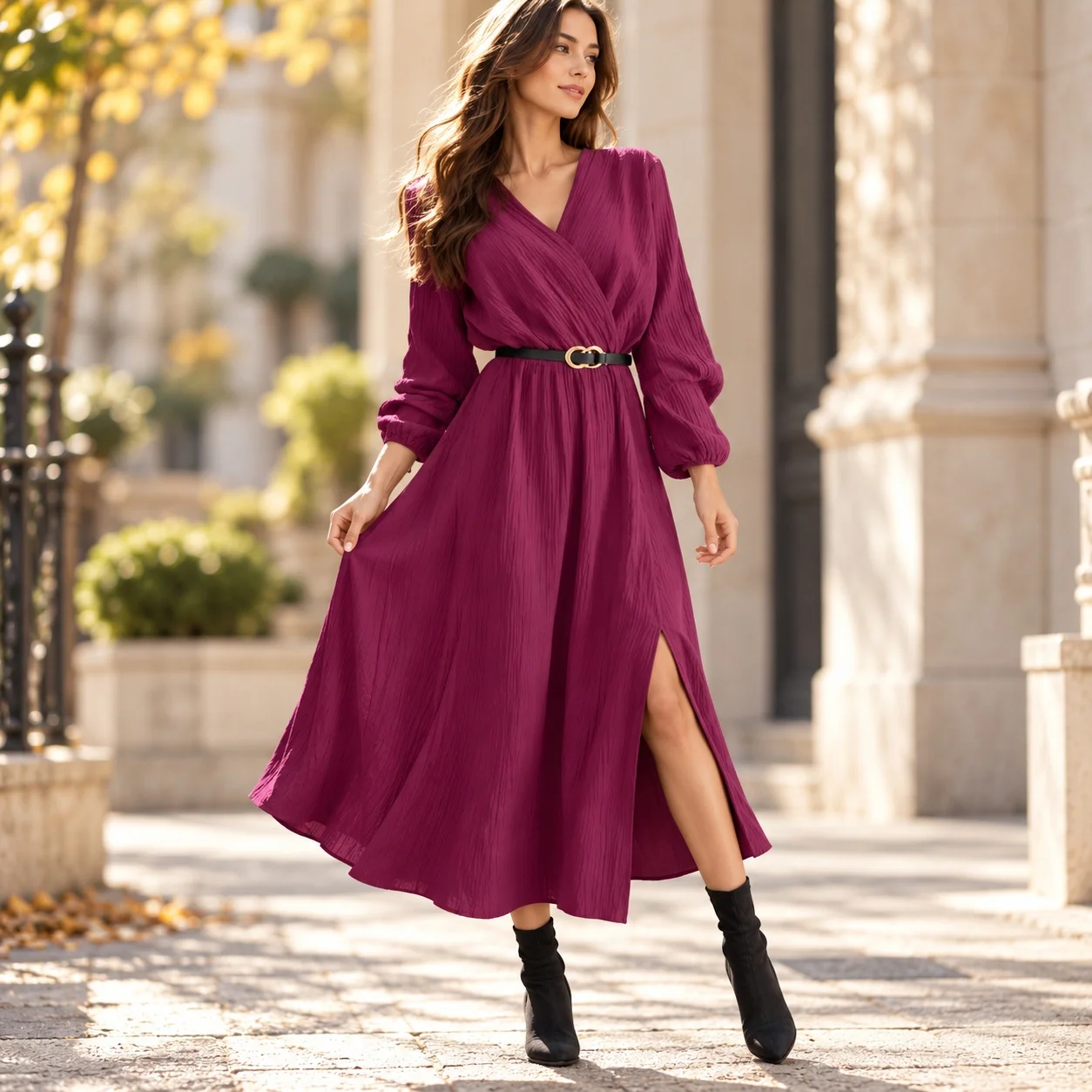 Long Sleeve Slit Dress High Waist Commuter Chic with Pullover Autumn Single a Line Elegant and Refined V Neck Women Dress