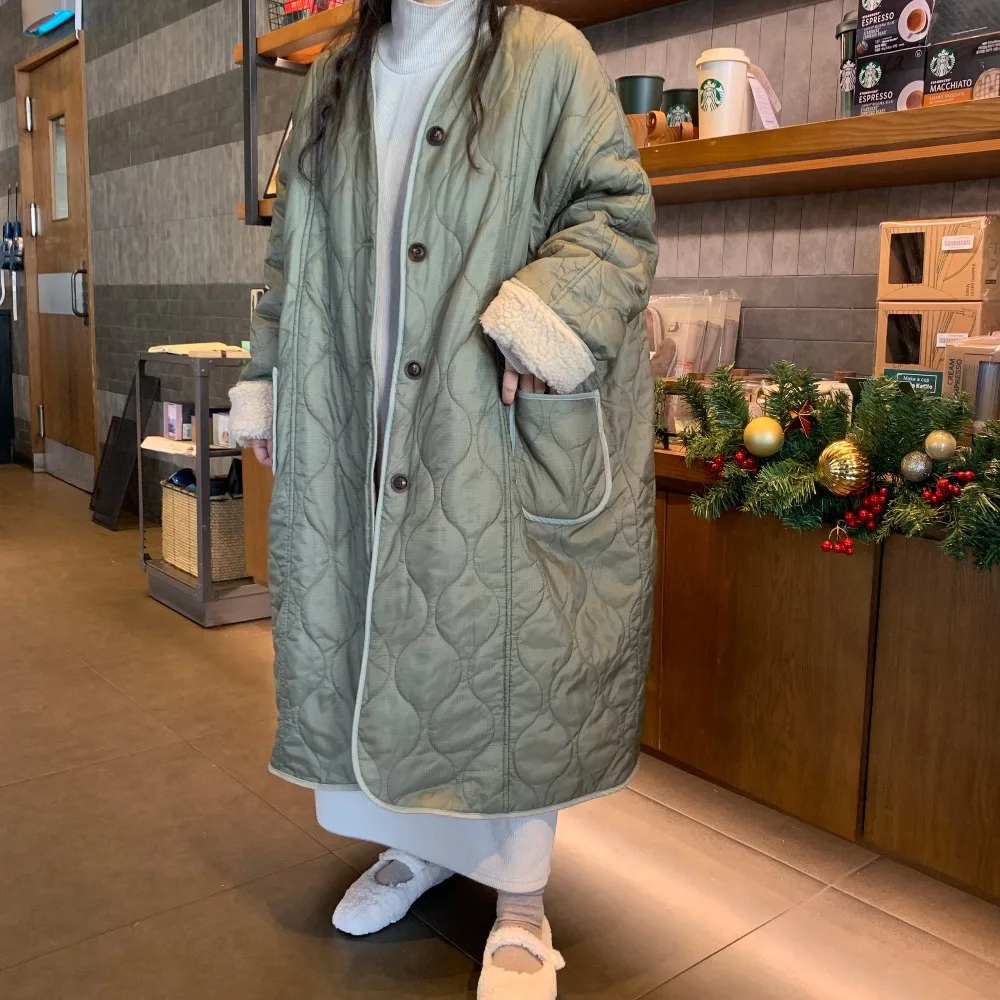 

Retro Single-Button Lamb Fur Jaet Women's Chic Versatile Cotton Coat Long Winter Outerwear Korean Sle Regular Fit
