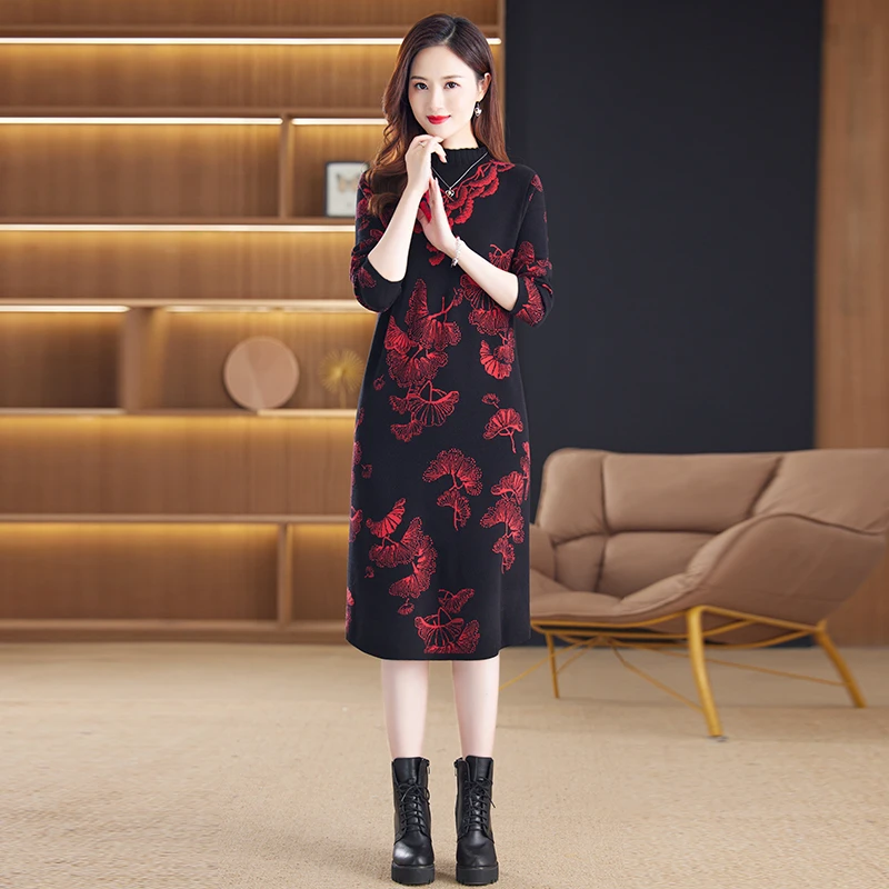 2023 New Autumn Winter Korean Fashion Vintage Thick Knitted Dress Women Elegant Loose Printed Long Sleeve O-neck Dresses