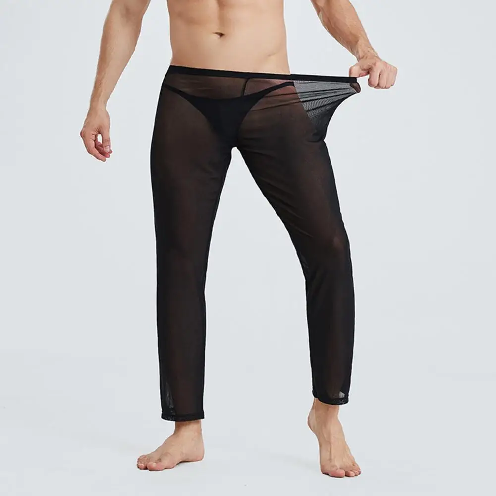 Men Pajama Pants Ultrathin See-through Ice Silk Bottoming Pants Homewear Sleeping Long Trousers 한국 가을옷