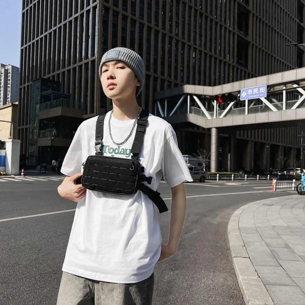 Oxford Cloth Double Shoulder Chest Bag Large Capacity Adjustable Strap Man' S Vest Bag Hip Hop Black Message Crossbody Pouch