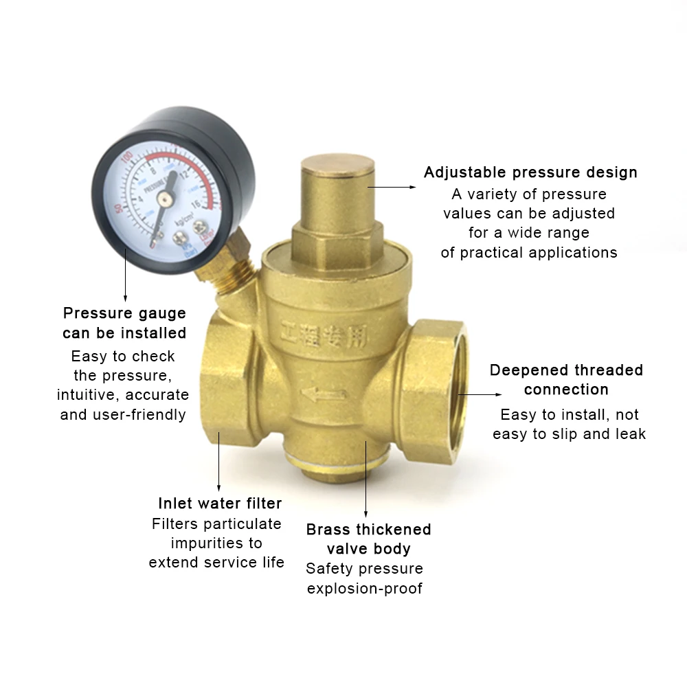 

Brass Water Pressure Reducing Maintaining Valves Adjustable Relief Regulator With Gauge Meter 16bar