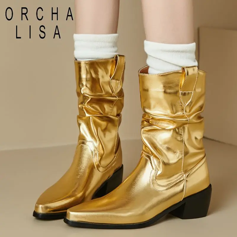 

ORCHA LISA Fashion 2025 Fashion Women's Mid Calf Boots Square Toe 5.5cm Block Heel Slip On Large Size 46-48 Sexy Dating Party