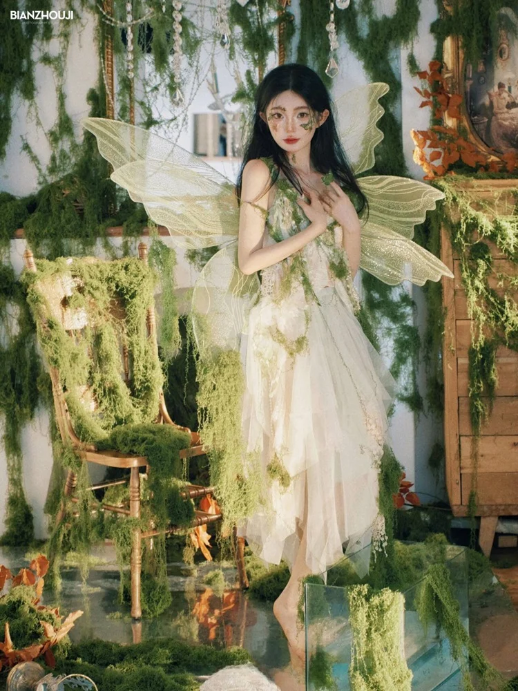 Dreamy Fairy Angel Girl Photography Costume Fashion Outdoor Travel Photography Performance Clothing Green Wild Fairy Tale System