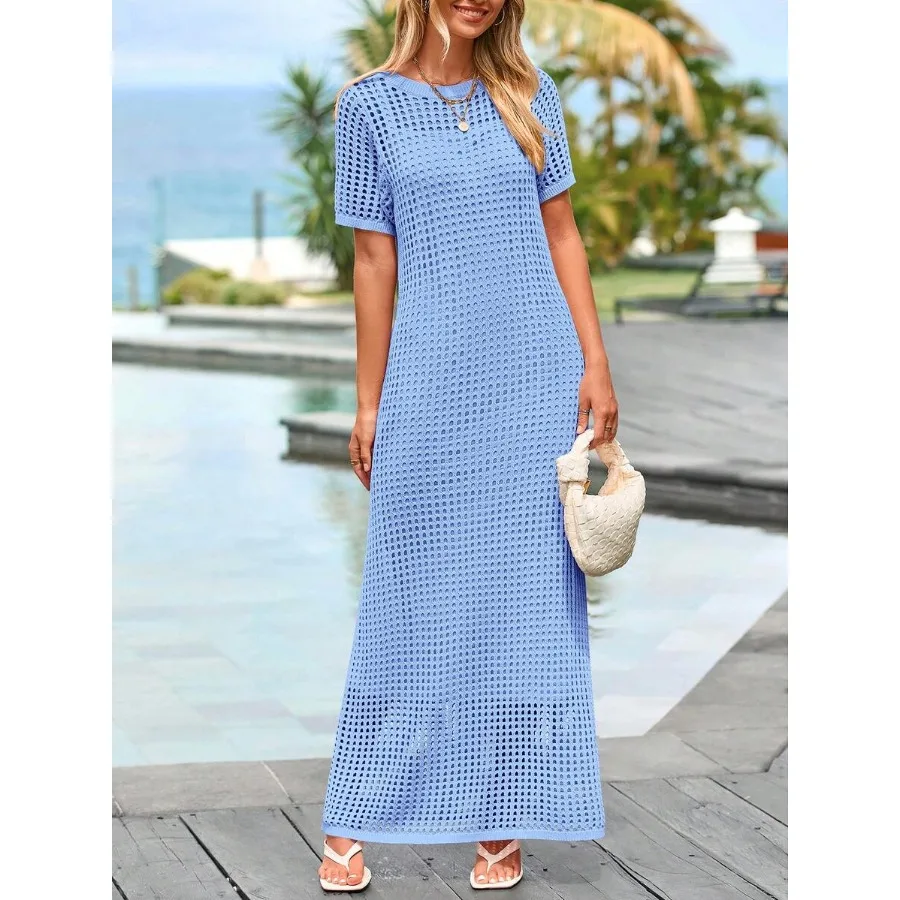 

【New style】Women's Round Hole Smock Dress Two-Piece Summer Vacation Long Dress Beach Short Sleeve Hollow Sundress