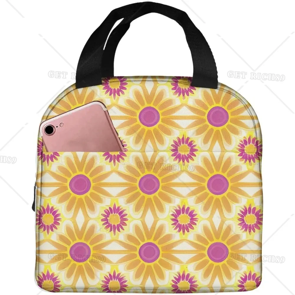 Orange and Yellow Flower Print Reusable Leakproof Lunch Box for Work Office Picnic Travel Portable Insulated Lunch Bag for Women