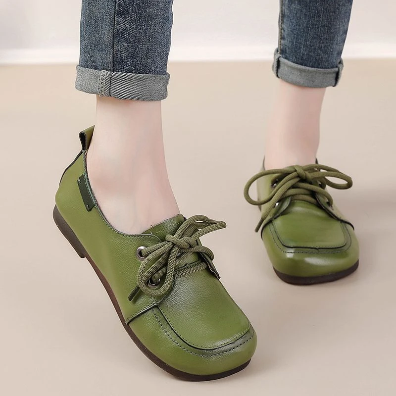 Handmade Vintage Plain Oxfords Shoes Women\'s Genuine Leather Flats Shoes Ladies Laced Up Moccasins Elderly Woman Driving Loafers