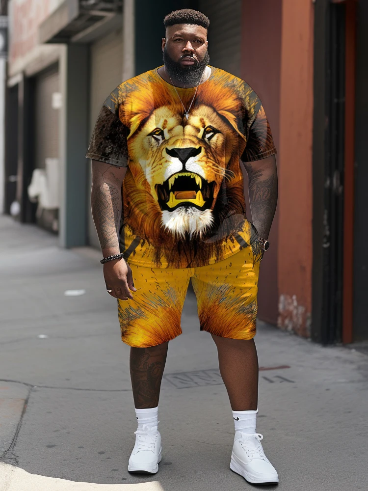 ZOOY (L-9XL) Plus Size Men\'s Waist 166cm Tiger Lion Head Gradient Colored Print Trendy Cool Short sleeved T-shirt Shorts Set