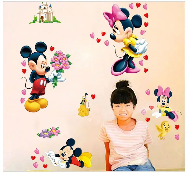 3D мультфильм Микки и Минни наклейки на стену детская комната спальня тема принцессы украшение стены виниловое искусство для детского пространства