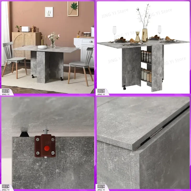 Folding Dining Table with Drop Leaf Design 2-Tier Shelves Rolling Casters Space Saving Kitchen Table Cement Grey Compact