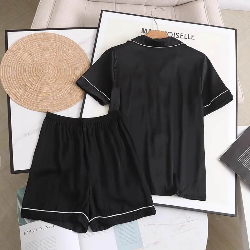 Women Luxury Pajamas Pyjama Female Sleepwear Elegant Loungewear Ladies Faux Silk Lapel Pijama Sets Short Sleeve Shorts Homewear