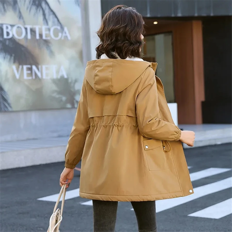 Casual Velvet Lined Hooded Winter Jacket Slim Waist Thick Cargo Parka Warm Plush Coat Women Windproof Snow Wear Cotton Outerwear