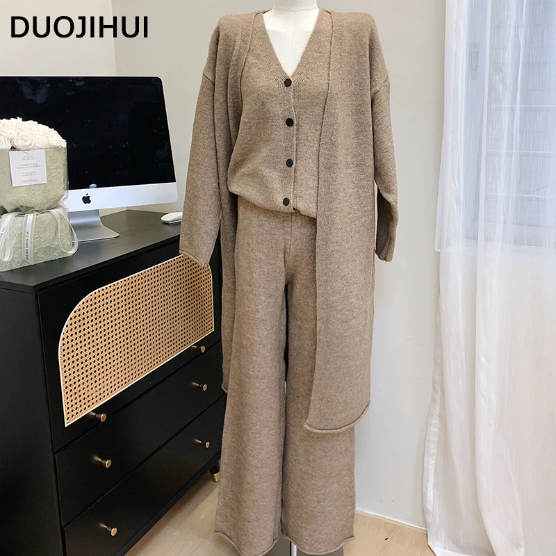 DUOJIHUI Three Piece Autumn Loose Casual Female Cardigan Chic Wool Basic Pant Simple Fashion Single Breasted Women Vest Cardigan