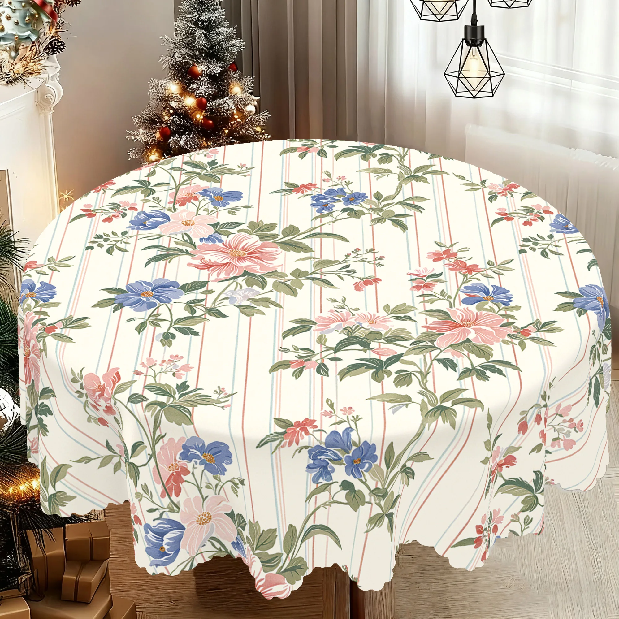 1 piece of country-style floral vertical-striped tablecloth - suitable for Easter, etc.