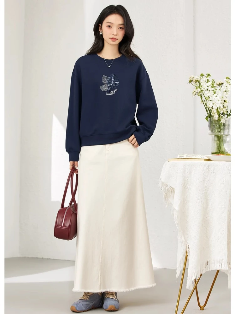 VIMLY Navy Blue Women's Sweatshirts 2025 Autumn Embroider Sequined Round Neck Sweatshirt Long Sleeve Knitted Ladies Tops A2156