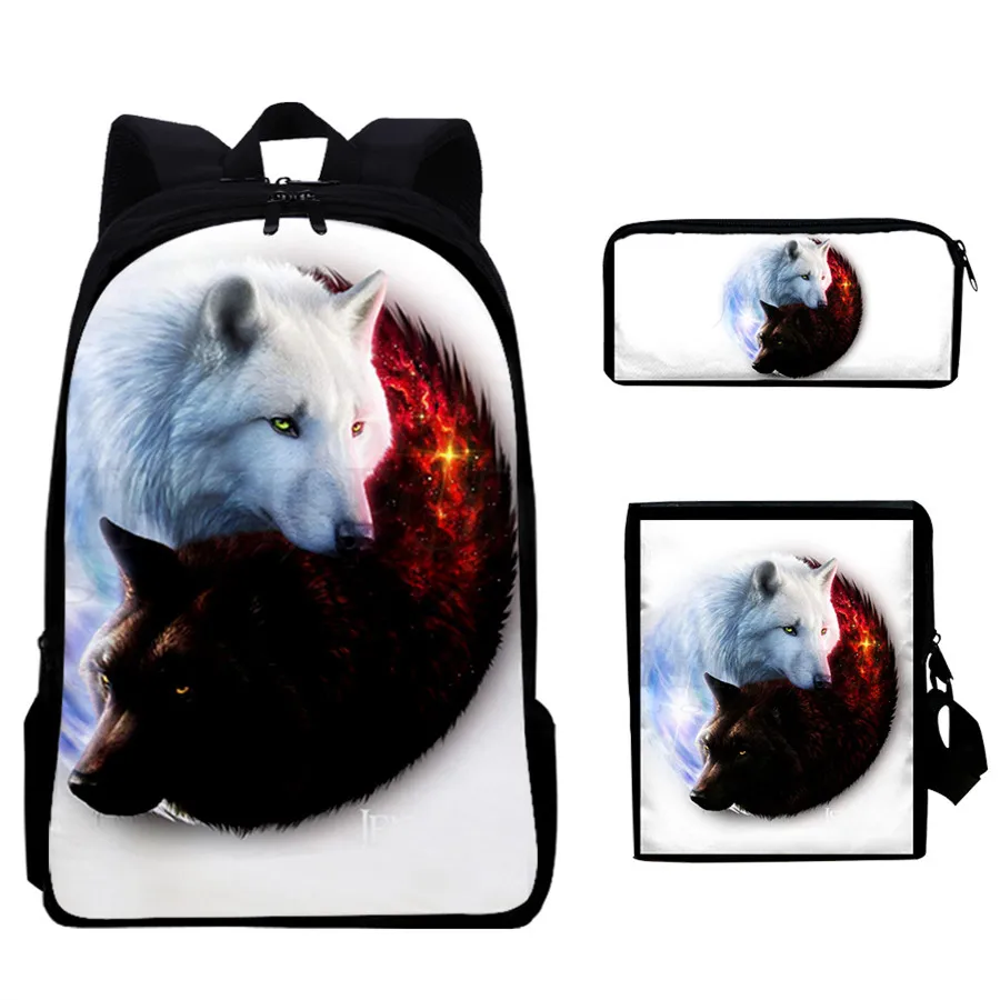 3pcs/Set Backpack Harajuku Moon Wolf 3D Print School Student Bookbag Anime Laptop Daypack Lunch Bag Pencil Case