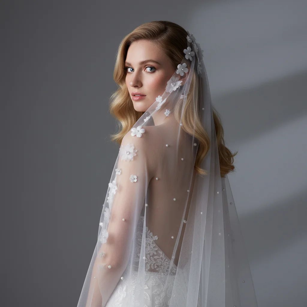 1Layer 3D Flower bridal Veil Elegant Pearl Wedding Veil Luxurious  Floral French Headwear Accessories whit Comb For Women G37