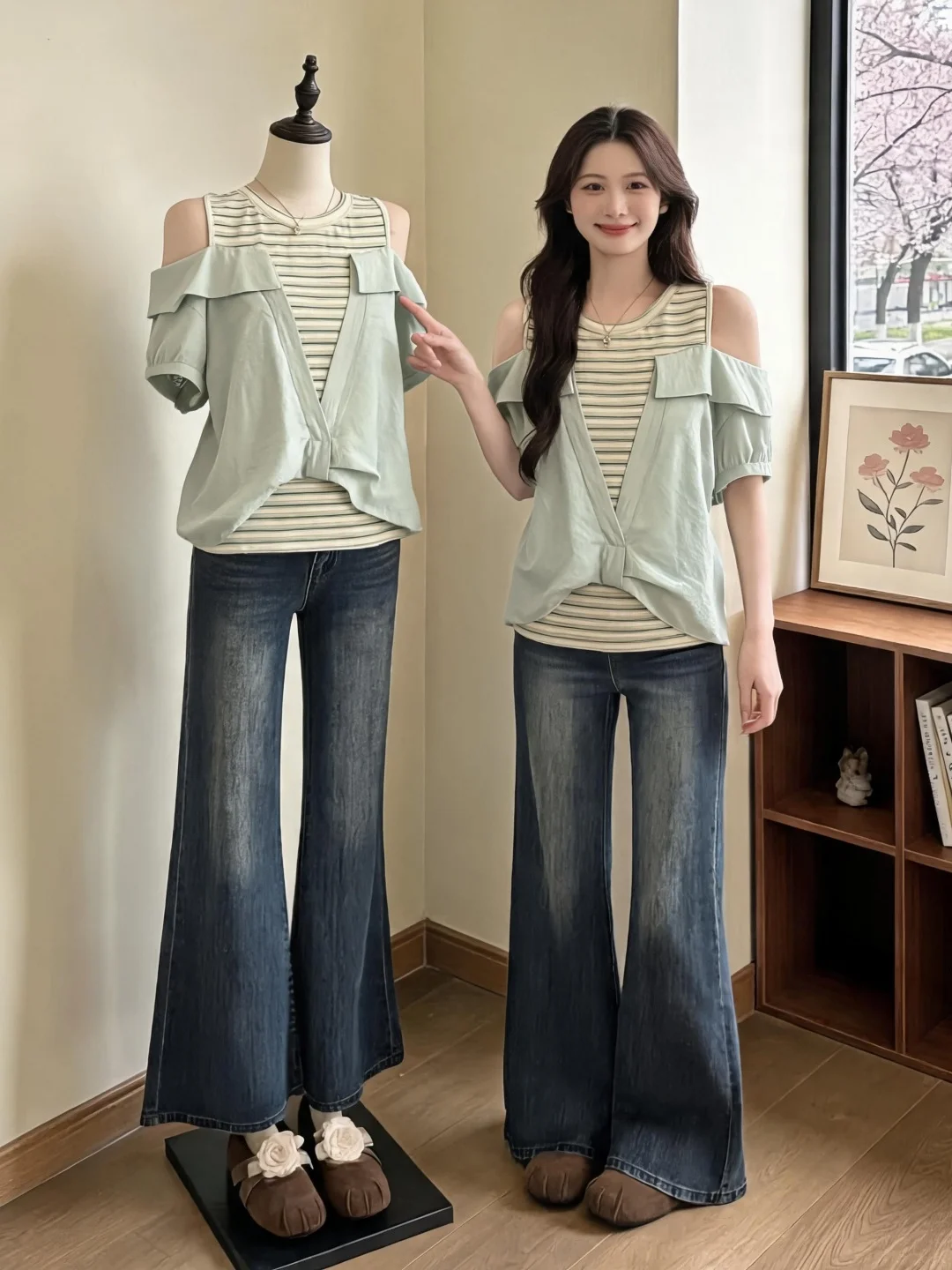 

Slimming Striped Shirt Short Sleeve Fake Two-Piece Set Shoulder Bared Women's Summer Fashion Korean Style Commute Wind Blouse