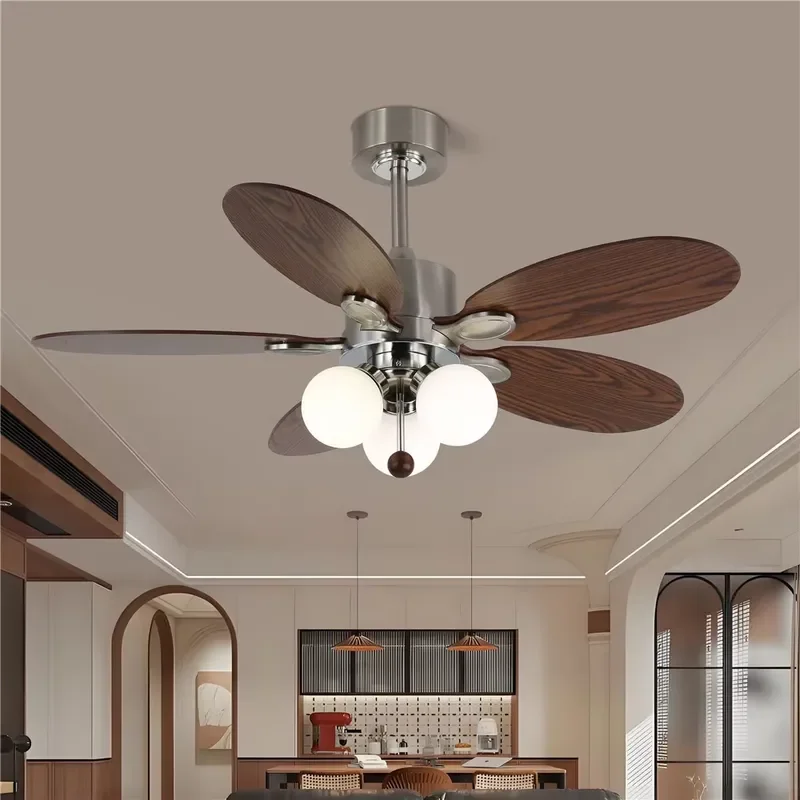 Mid Century Modern 3 Heads Glass Shade Ceiling Fan with Light for Living Dining Room Bedroom Homestay Hotel Decor Fan Lamp