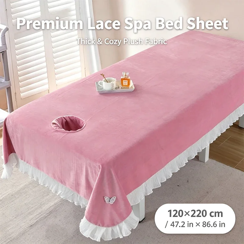 1/2PCS 120x220cm Spa Massage Table Cover Crystal Velvet Facial Bed Sheet with Face Rest Hole Lace Ruffle Decor for Beauty Salon