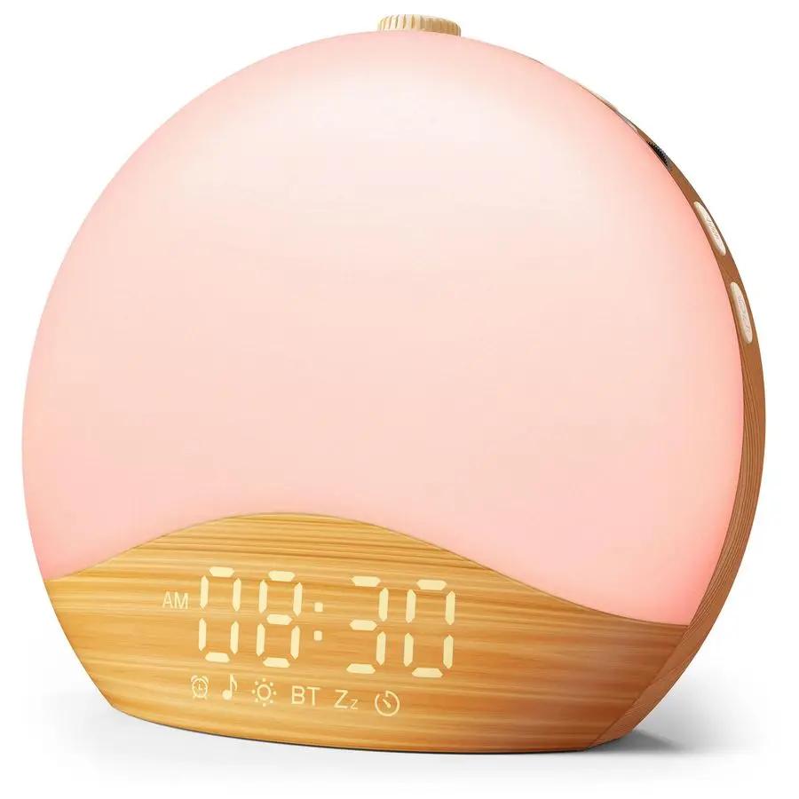 

Wood Grain Sunrise Alarm Clock, White Noise Sound Machine, MusicSync Lights, Upgraded Backlit Buttons for Bedrooms, 26 Soothing