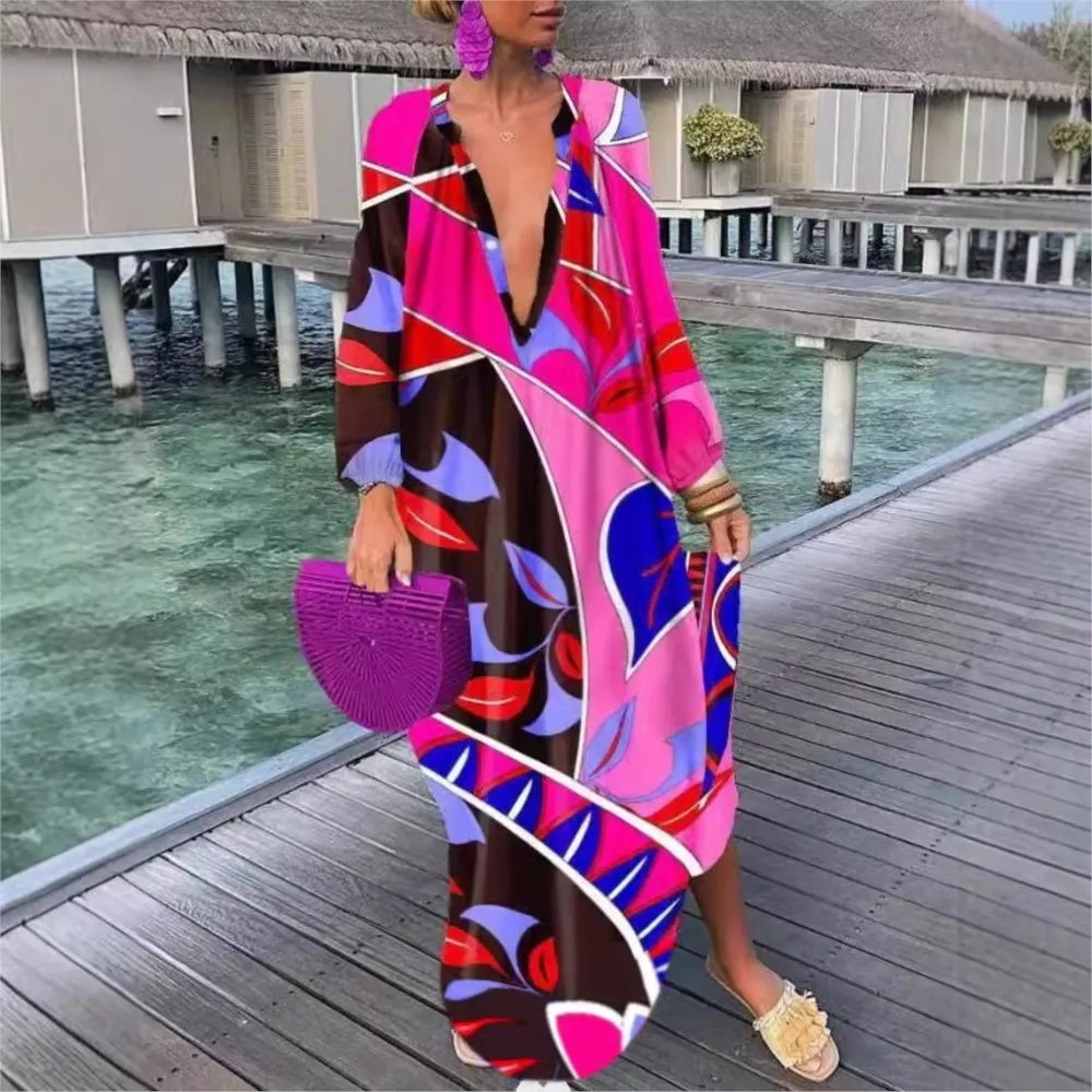 ボヘミアンプリントビーチドレス 2025 新作 夏 エレガント ディープVネック 長袖 マキシ丈ワンピース レディース セクシー ゆったり オーバーサイズ バケーションドレス