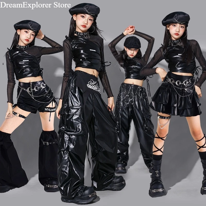 Girls K-pop Cool Shiny Crop Top Skirt Street Dance Cargo Pants Costume Kids Hip Hop Jazz Girl Group Clothes Set Child Streetwear