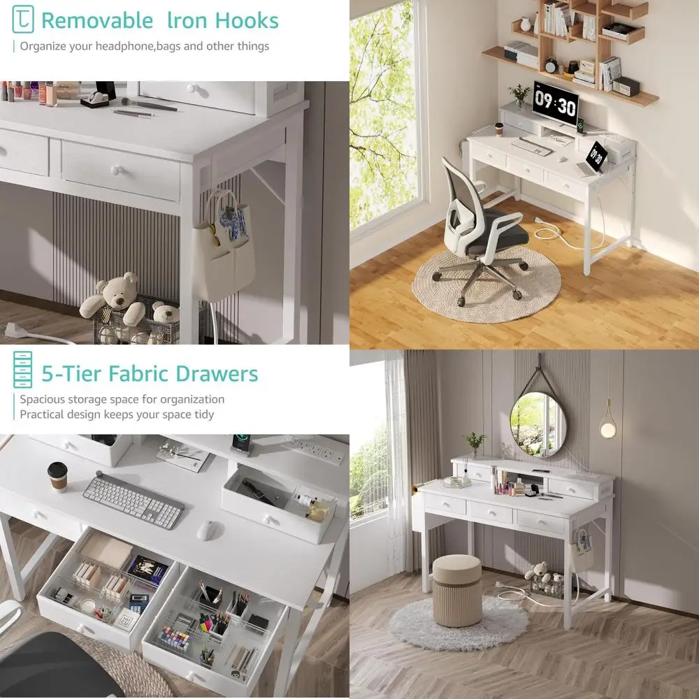 

Белый компьютерный стол с тканевыми ящиками для домашнего офиса, 40-дюймовый туалетный столик для макияжа с ящиками для хранения вещей для спальни, письменный стол