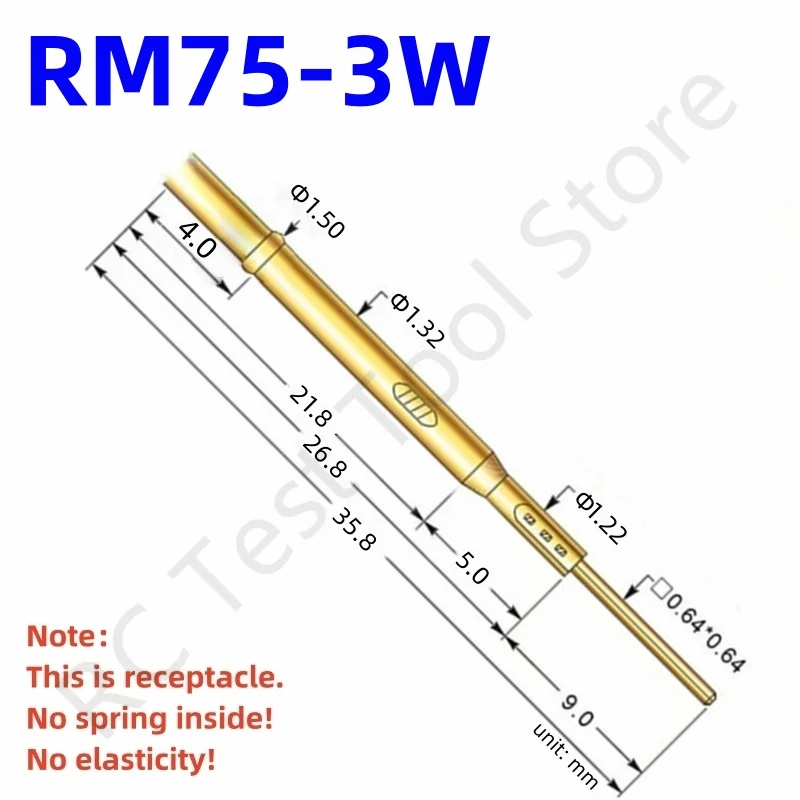 100PCS RM75-3W Test Pin PM75-B1 Receptacle Brass Tube Needle Sleeve Seat Wire-wrap Probe Sleeve 35.8mm Outer Dia 1.32mm