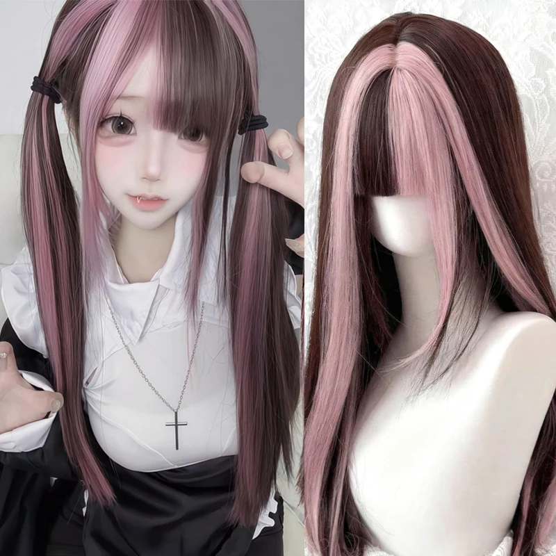 Peluca de cosplay sintética Peluca resaltada de color rosa Pelo largo y liso con flequillo Resistente al calor para mujeres Cosplay y uso diario
