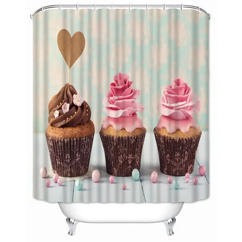 Dessert Cupcake Printed Shower Curtains Delicious Food Bathroom Curtain Waterproof Fabric Screen Home Decoration with Hooks