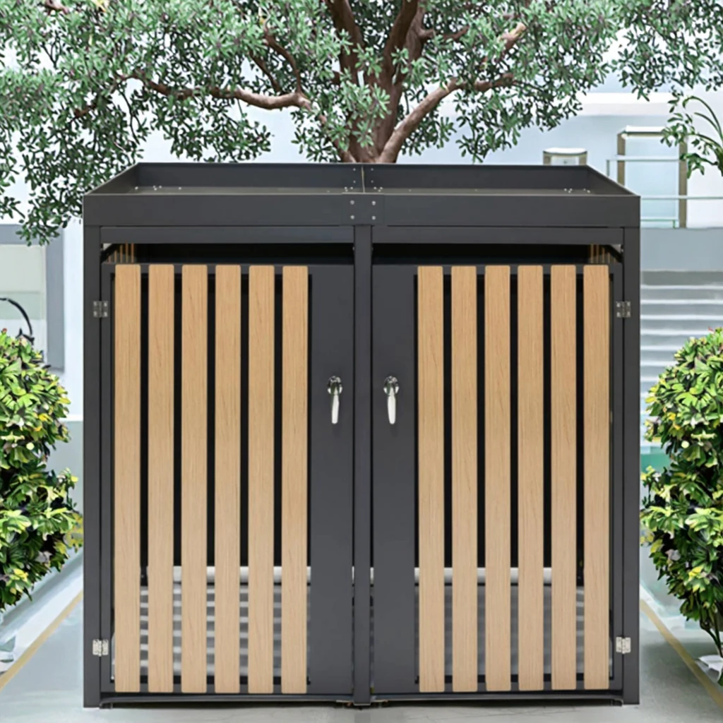 Open Top Garden Waste Bin Stainless Steel Wheelie Bin with Cladding for House Garbage Storage Trash Storage Bucket